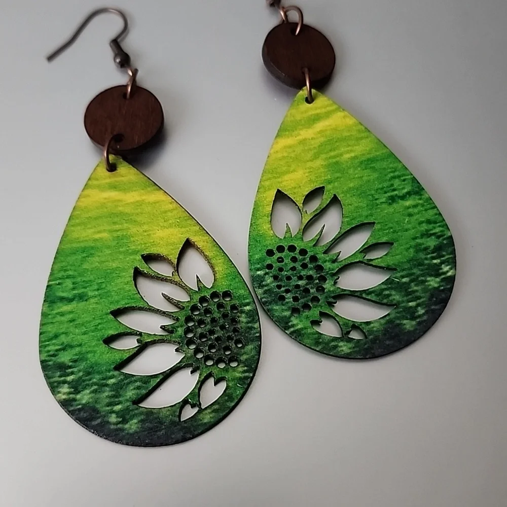 Wood Cutout Colorful SunFlower  BOHEMIAN  Disc/Teardrop Lightweight Ear - Picture 2 of 5